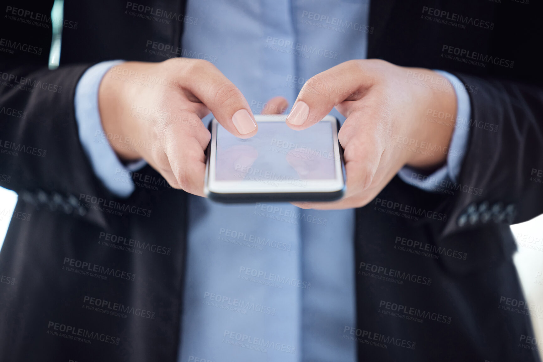 Buy stock photo Hands, business and person with smartphone, typing and social media with message, contact and internet. Employee, consultant and agent with cellphone, mobile user and communication with texting