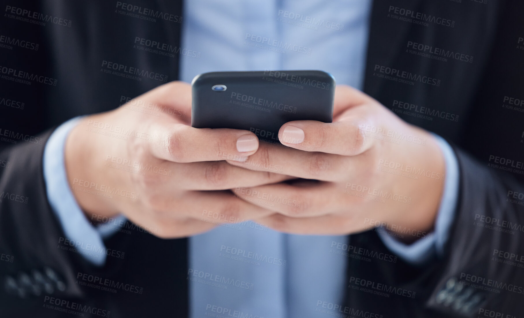 Buy stock photo Smartphone, hands closeup and business person scroll for email, networking or online. Phone, typing and sales professional on website for research, news or social media blog on mobile app in office