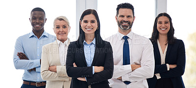 Buy stock photo Portrait, management and arms crossed with a business team standing together in their professional office. Collaboration, teamwork and leadership with a group of colleagues looking confident at work