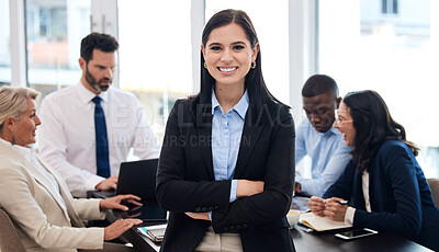 Buy stock photo Portrait, staff and woman with arms crossed, business and leadership with confidence, career or professional. Face, female person or executive teamwork with group, professional or planning with smile