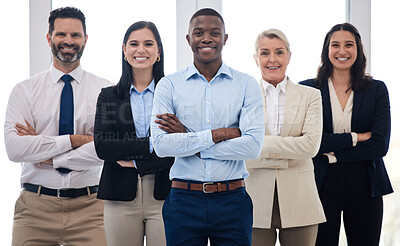 Buy stock photo Portrait, leadership and arms crossed with a business team standing together in their professional office. Collaboration, teamwork and management with a group of colleagues looking confident at work