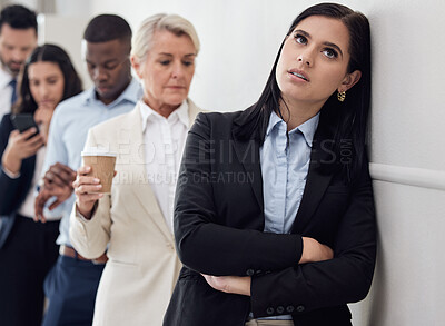 Buy stock photo Tired, waiting room and woman in line for business interview, job application or hiring opportunity in corporate company. Group, people and frustrated person in queue, appointment and anxious time 