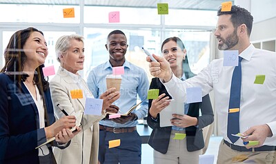 Buy stock photo Planning, thinking and business people in meeting with idea, sticky notes and brainstorming in glass office. Collaboration, diversity and group of attorneys working on project, legal case and defence