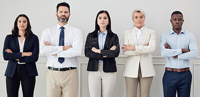 Buy stock photo Portrait, professional and arms crossed with a business team standing together in a corporate office. Collaboration, teamwork and management with a group of serious people looking confident at work