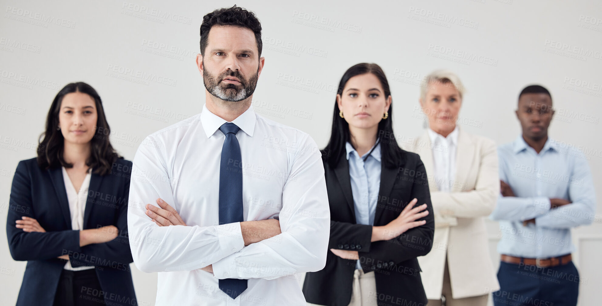 Buy stock photo Portrait, leadership and a business man arms crossed with his team in their professional office. Management, collaboration or teamwork with a male boss and colleagues looking confident together