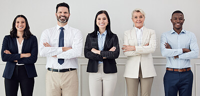 Buy stock photo Portrait, collaboration and arms crossed with a diverse leadership team standing in their professional office. Business, teamwork and management with a group of colleagues looking confident at work