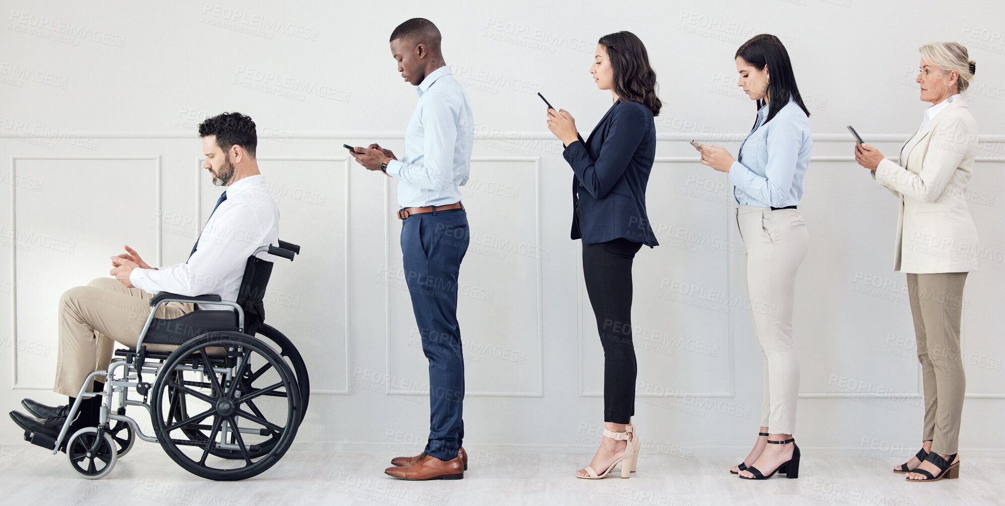 Buy stock photo Group, interview and person with a disability in wheelchair at office as candidates for job opportunity or people for inclusion. Staff, community and employees at company in recruitment on technology