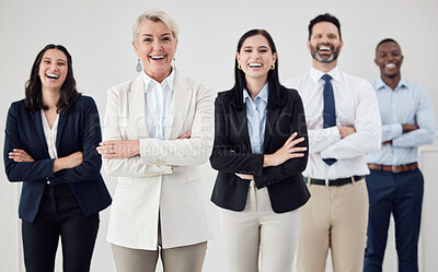 Buy stock photo Portrait, leadership and an arms crossed business woman together with her team in a professional office. Collaboration, teamwork and management with a group of colleagues looking confident at work