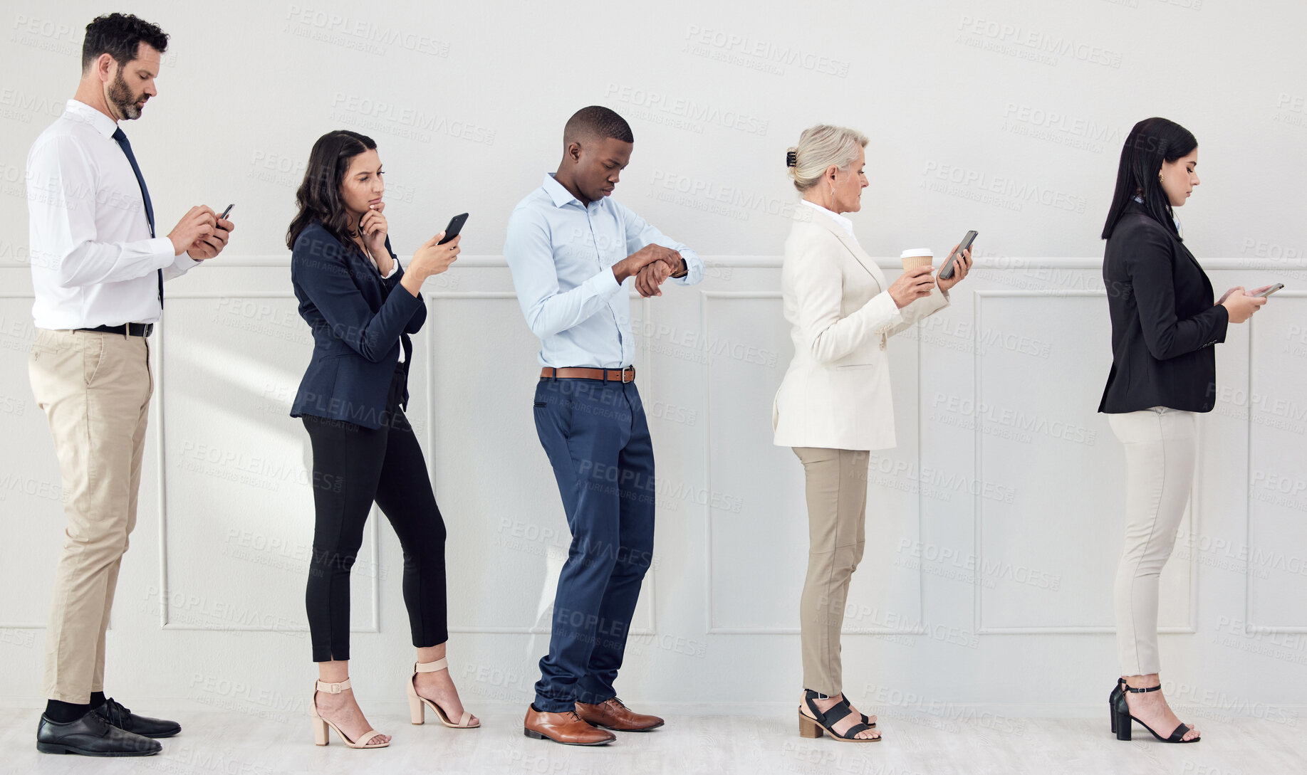 Buy stock photo People, queue and waiting in line for job interview, recruitment or reading cv application online. Group, lobby or scroll phone or tech in human resource office with resume, info and opportunity