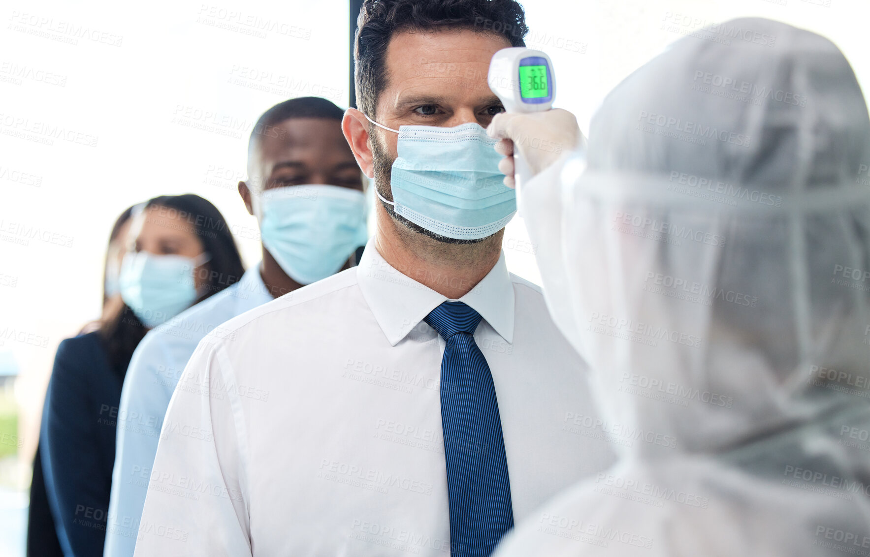Buy stock photo Health, business man and doctor with thermometer in office for virus, screening or medical examination. Safety, testing and employees with mask for covid, pandemic or compliance with protection