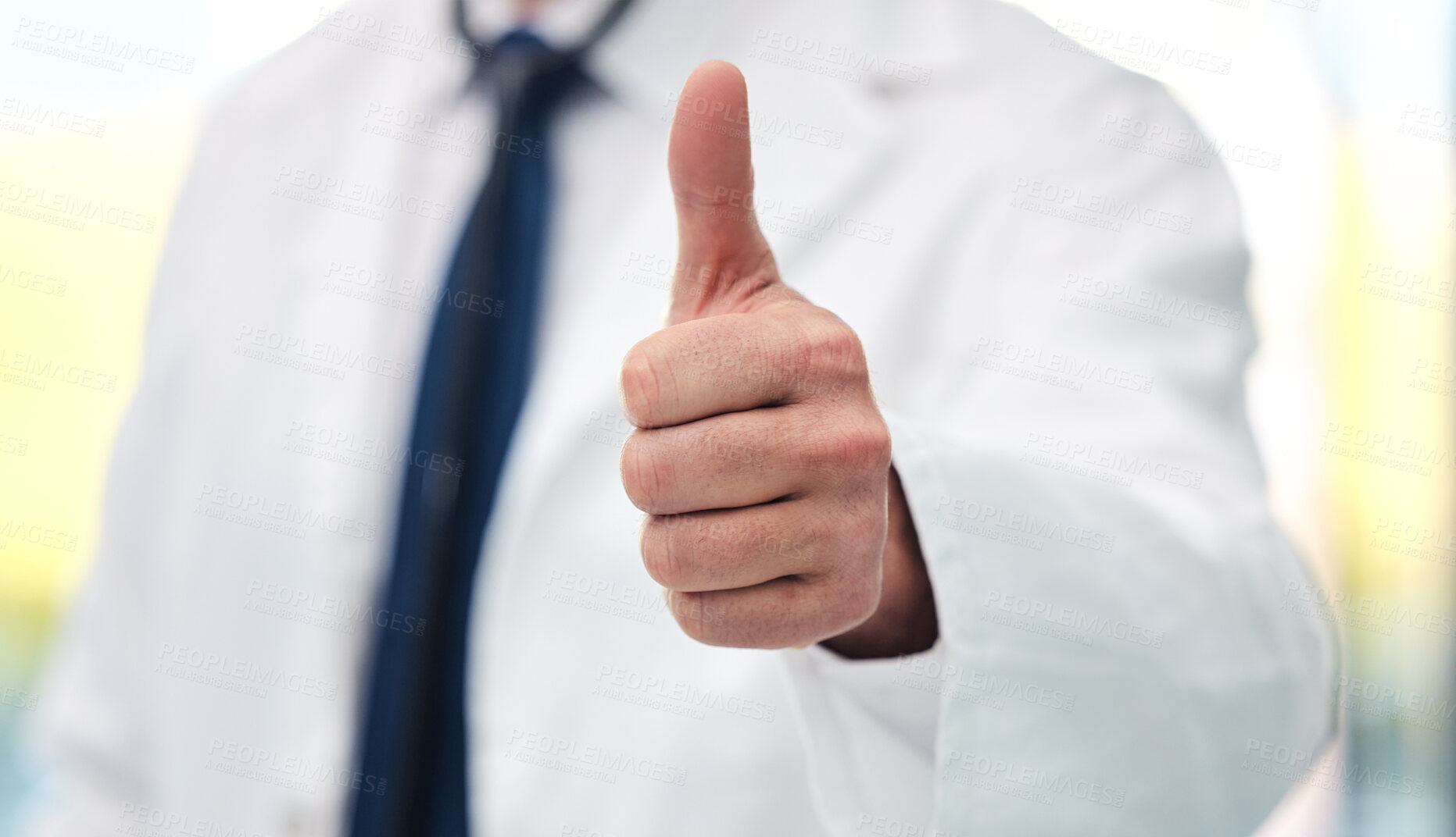 Buy stock photo Thumbs up, success and doctor for healthcare support, thank you or excellence for hospital services. Health, medical professional or person with like, yes and ok hand or emoji for winning or results