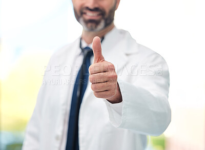 Buy stock photo Thumbs up, success and happy doctor for healthcare support, thank you or excellence for hospital services. Health, medical professional or person like, yes and ok hand or emoji for winning or results