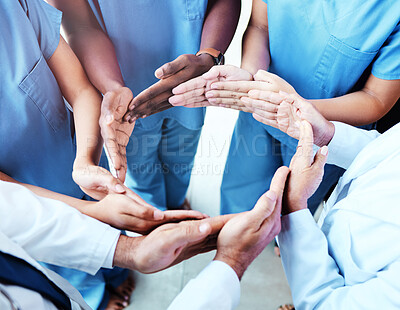 Buy stock photo Circle, connection and doctors hands together in healthcare workflow, group support and team cooperation or synergy above. Integration, health formation and nurses, medical people or surgeon teamwork