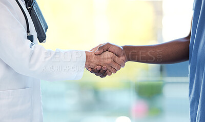 Buy stock photo Handshake, nurse and doctor for meeting, teamwork and thank you, congratulations or healthcare achievement. Diversity, together sign and medical people shaking hands for clinic support or thanks
