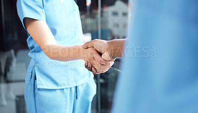 Buy stock photo Hand, doctor and nurse handshake in hospital for medical, healthcare or surgery teamwork or partnership welcome. Thank you, health care doctors in consultation and workers shaking hands in meeting
