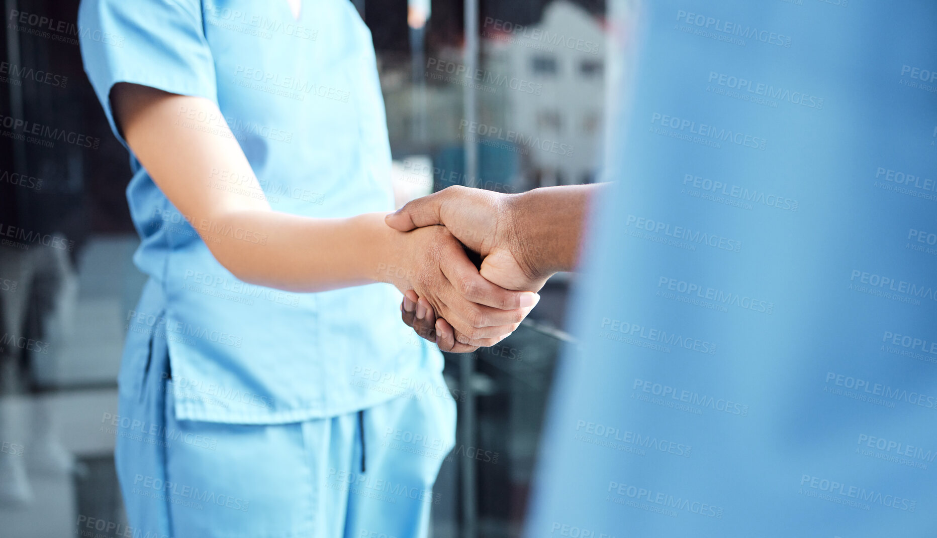 Buy stock photo Hand, doctor and nurse handshake in hospital for medical, healthcare or surgery teamwork or partnership welcome. Thank you, health care doctors in consultation and workers shaking hands in meeting