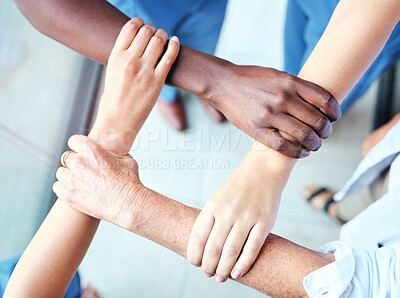 Buy stock photo Circle, connection and teamwork of doctors hands in healthcare power, group support and team synergy above. Integration, cross and nurses, medical people or diversity surgeon together in cooperation