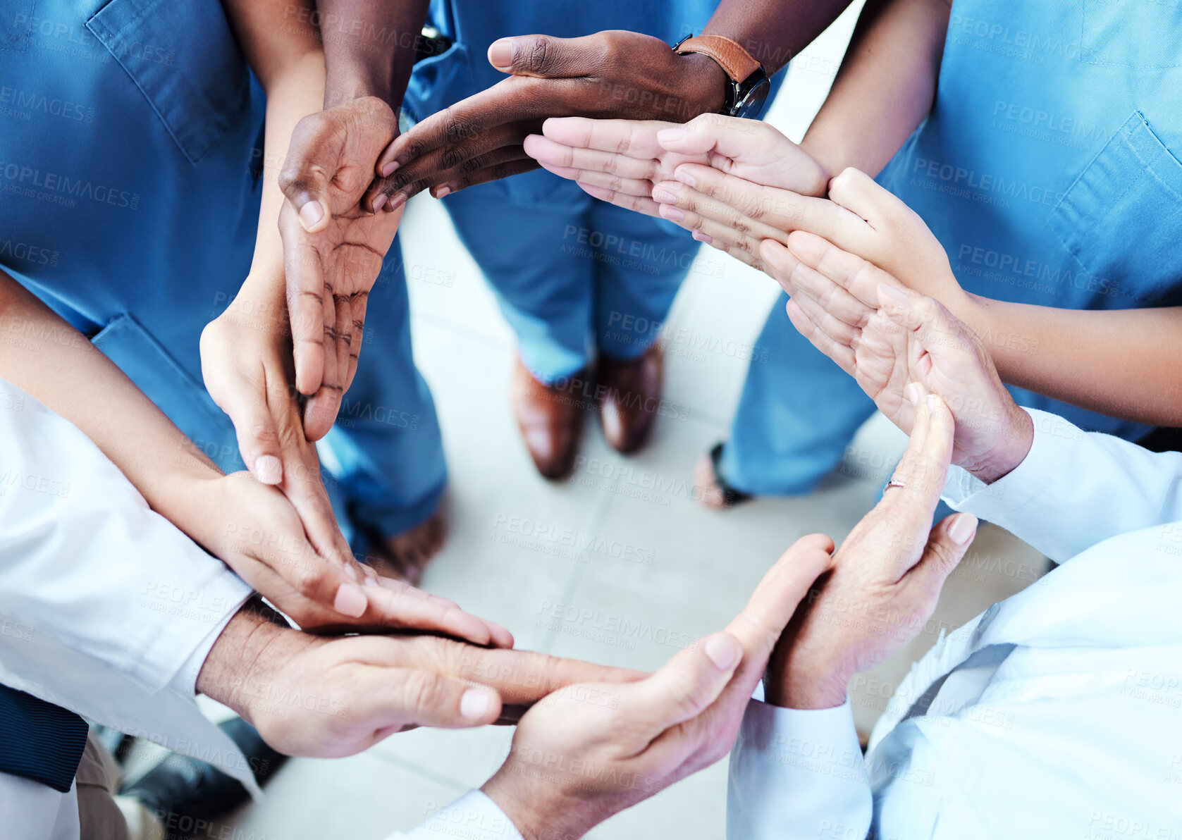 Buy stock photo Circle, connection and nurses hands together in healthcare workflow, group support and team cooperation or synergy above. Integration, health formation and doctors, medical people or surgeon teamwork