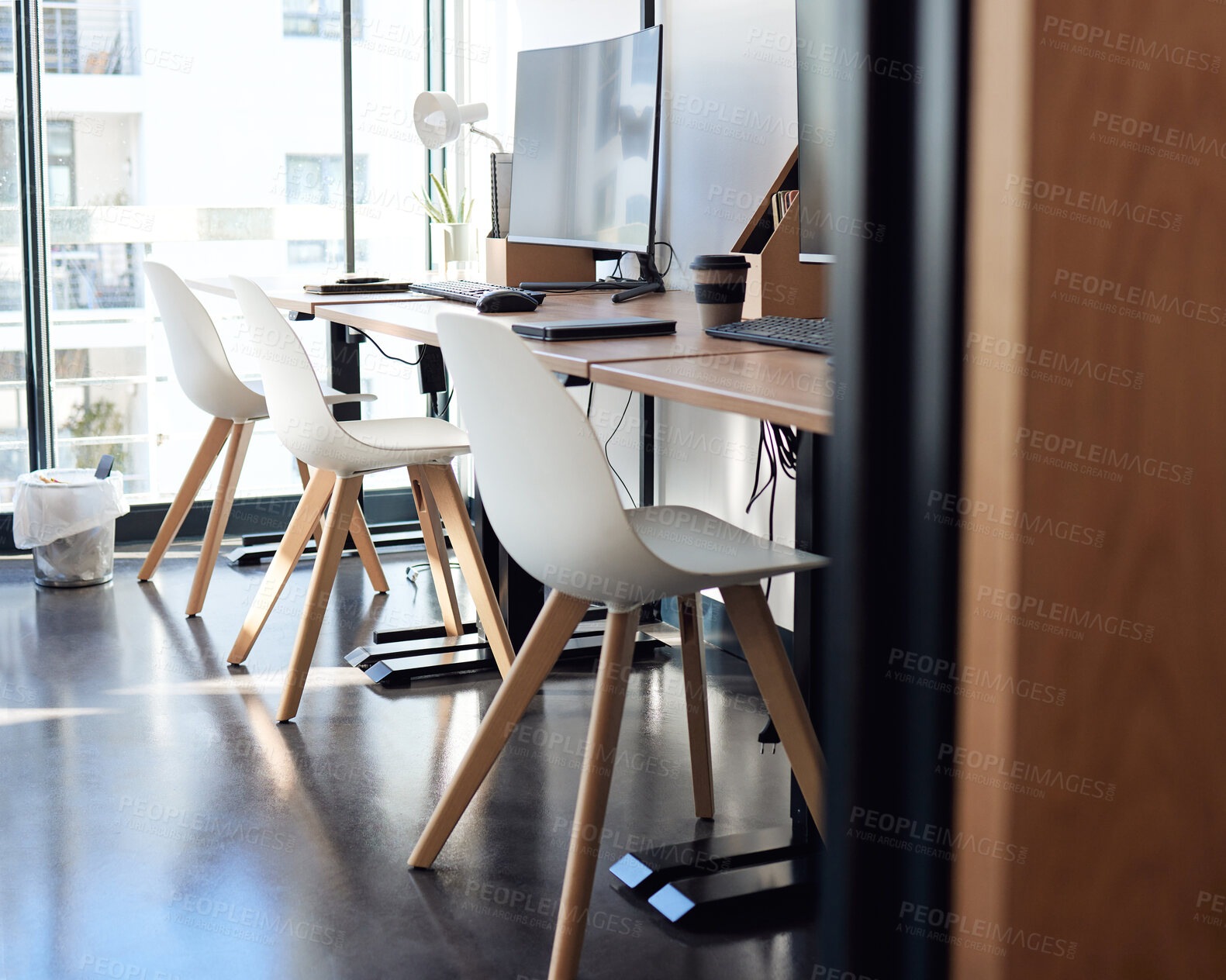 Buy stock photo Empty, space and technology on office desk for creative work in journalism or copy writing, research and internet for online job. Interior design, computer and workplace for social networking.