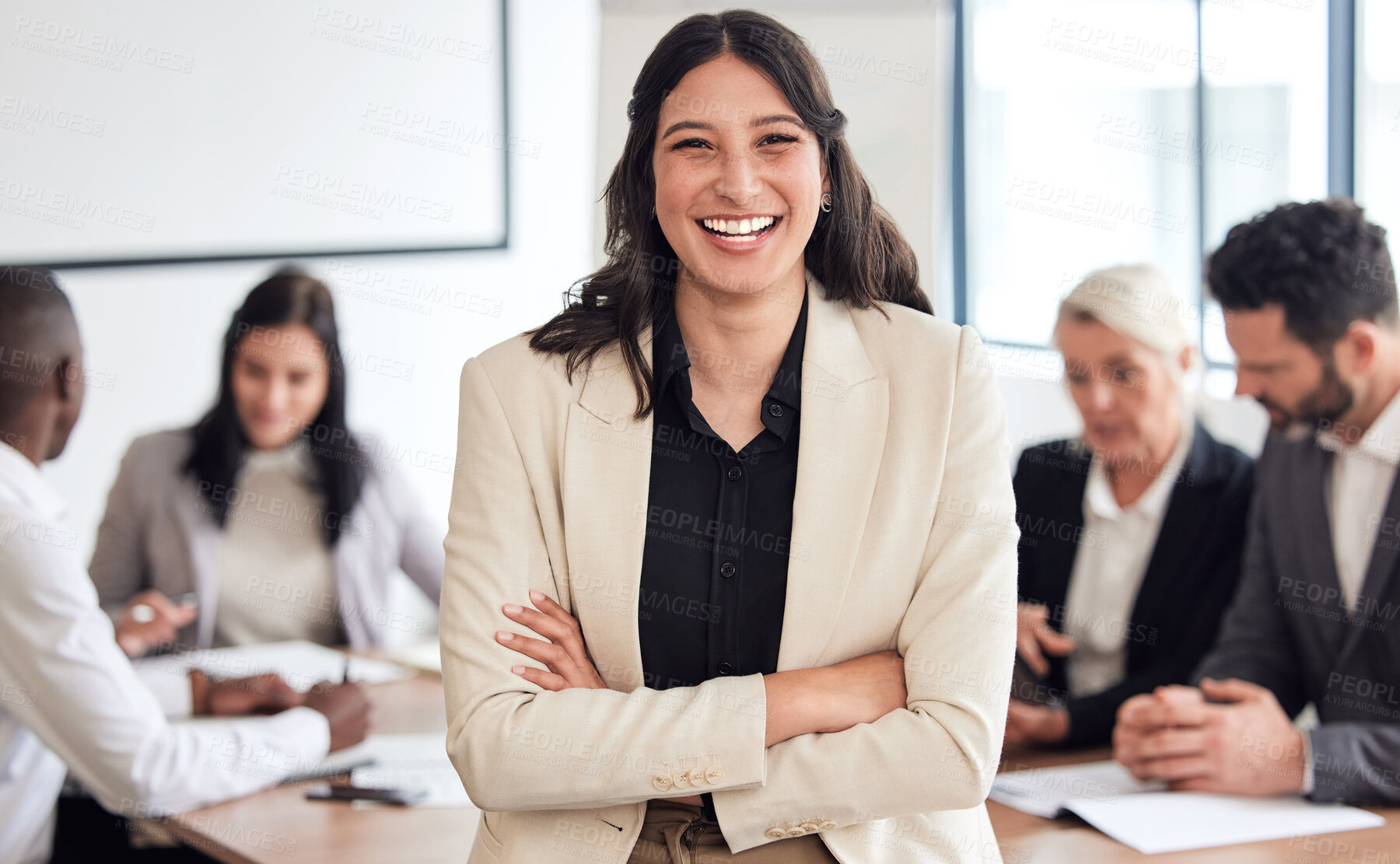 Buy stock photo Business woman, portrait and happy with team for company growth, financial management or leadership. Discussion, investment ideas or training and entrepreneur, planning and collaboration for workshop