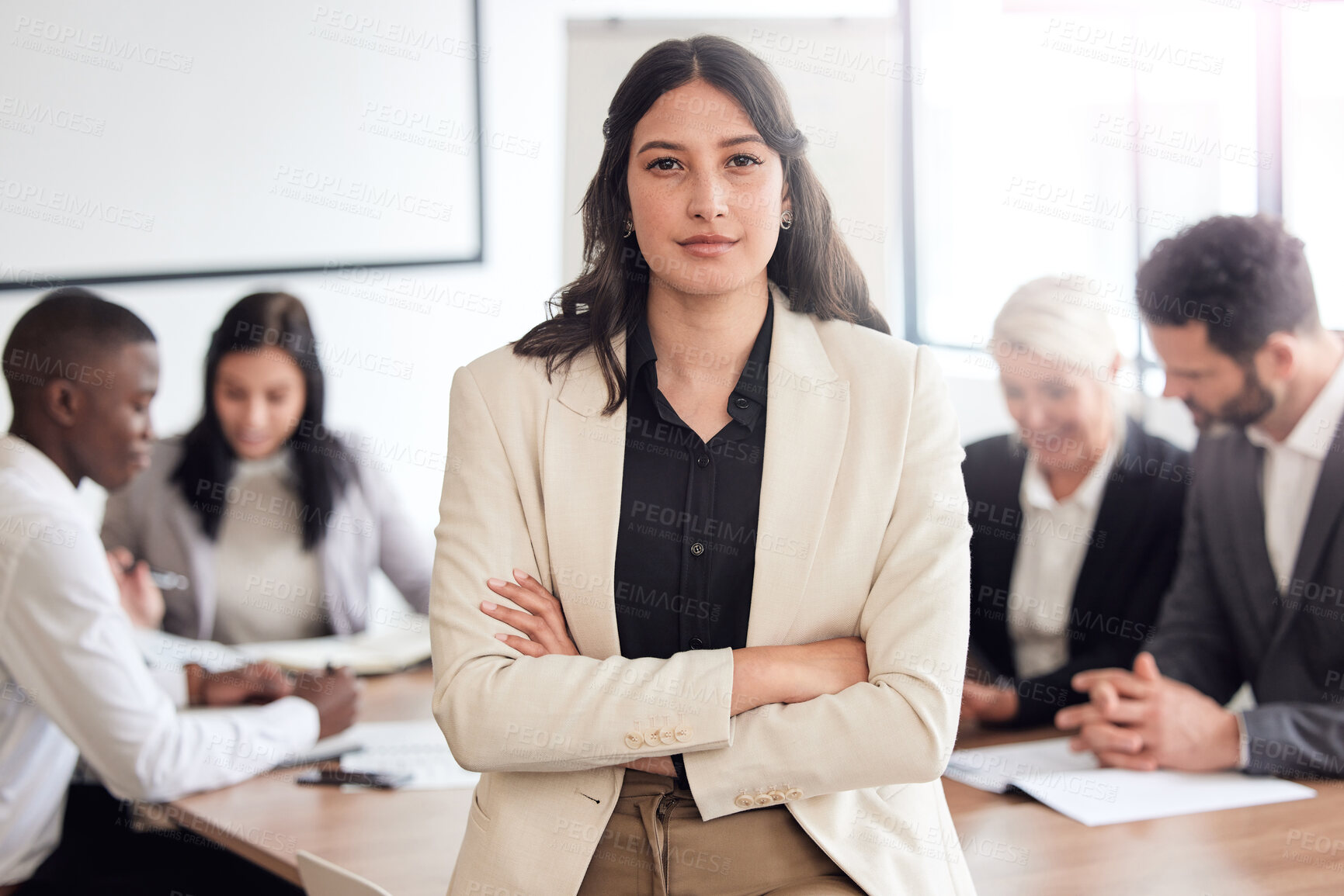 Buy stock photo Business woman, confident and portrait in meeting, employee and proud of leadership opportunity. Female person, arms crossed and manager for company development, professional and mentor for training