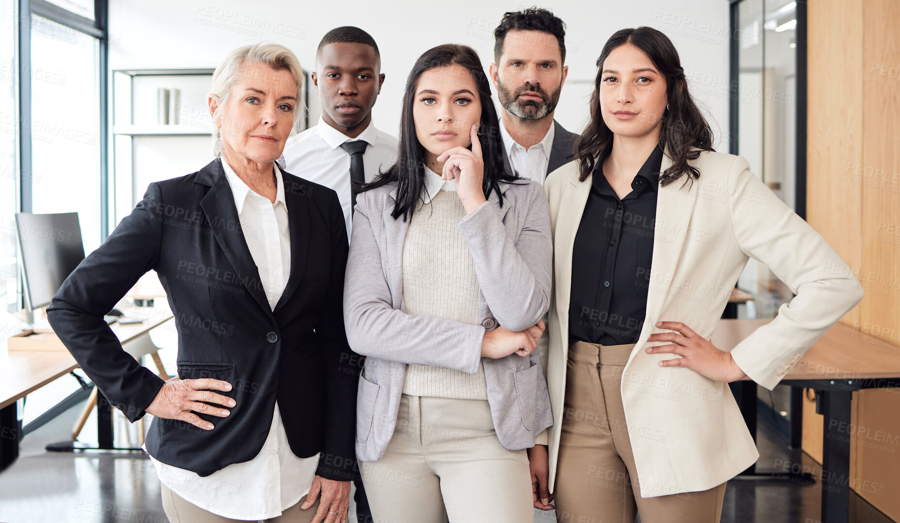 Buy stock photo Business people, confident and portrait in office, employees and proud of teamwork opportunity. Colleagues, solidarity and united for company development, collaboration and support in diversity