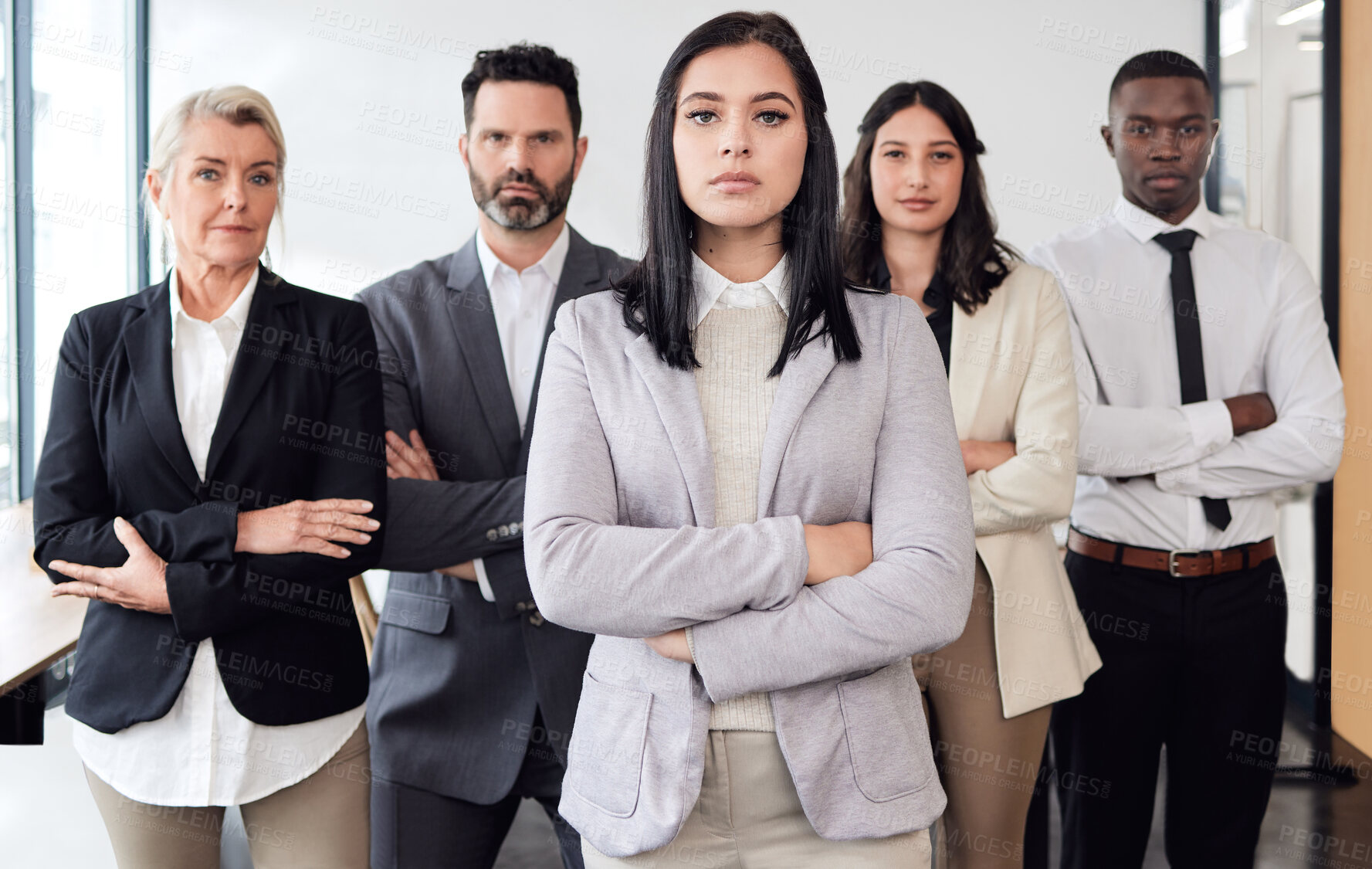 Buy stock photo Business people, arms crossed and portrait in office, together and proud of teamwork opportunity. Colleagues, solidarity and confident for company development, collaboration and support by leader