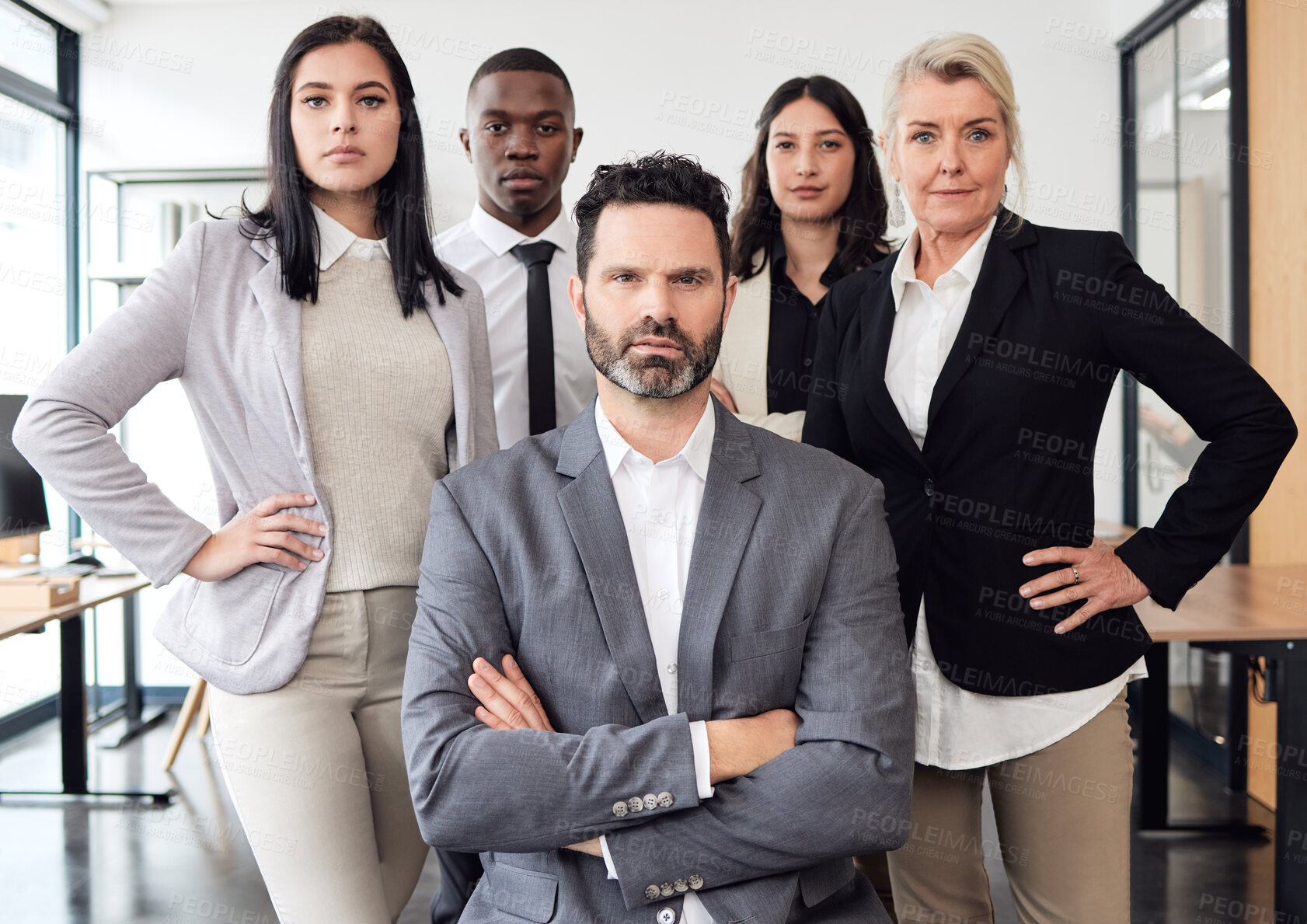 Buy stock photo Business people, confident and diversity portrait in office, employees and proud of teamwork opportunity. Colleagues, solidarity and unity for company development, collaboration and support by leader