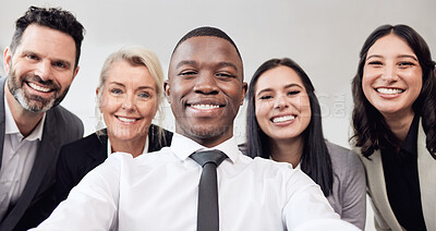 Buy stock photo Selfie, friends and portrait with business people in office for social media, networking and teamwork. Collaboration, happy and solidarity with employee for diversity, team building and partnership