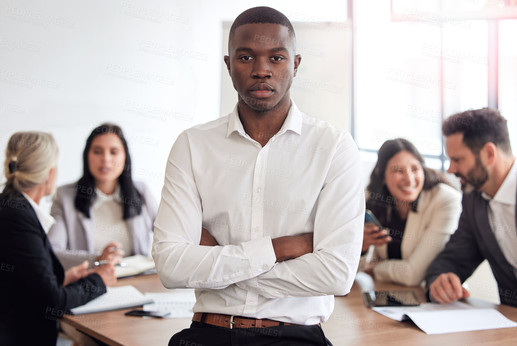 Buy stock photo Black man, confident and portrait in meeting, teamwork and proud of leadership opportunity in boardroom. Male person, arms crossed and manager for company development, coach and mentor for training