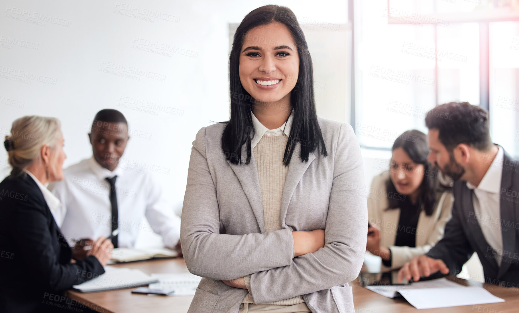 Buy stock photo Business woman, confident and portrait in boardroom, team and proud of leadership opportunity. Female person, arms crossed and manager for company development, professional and mentor for training