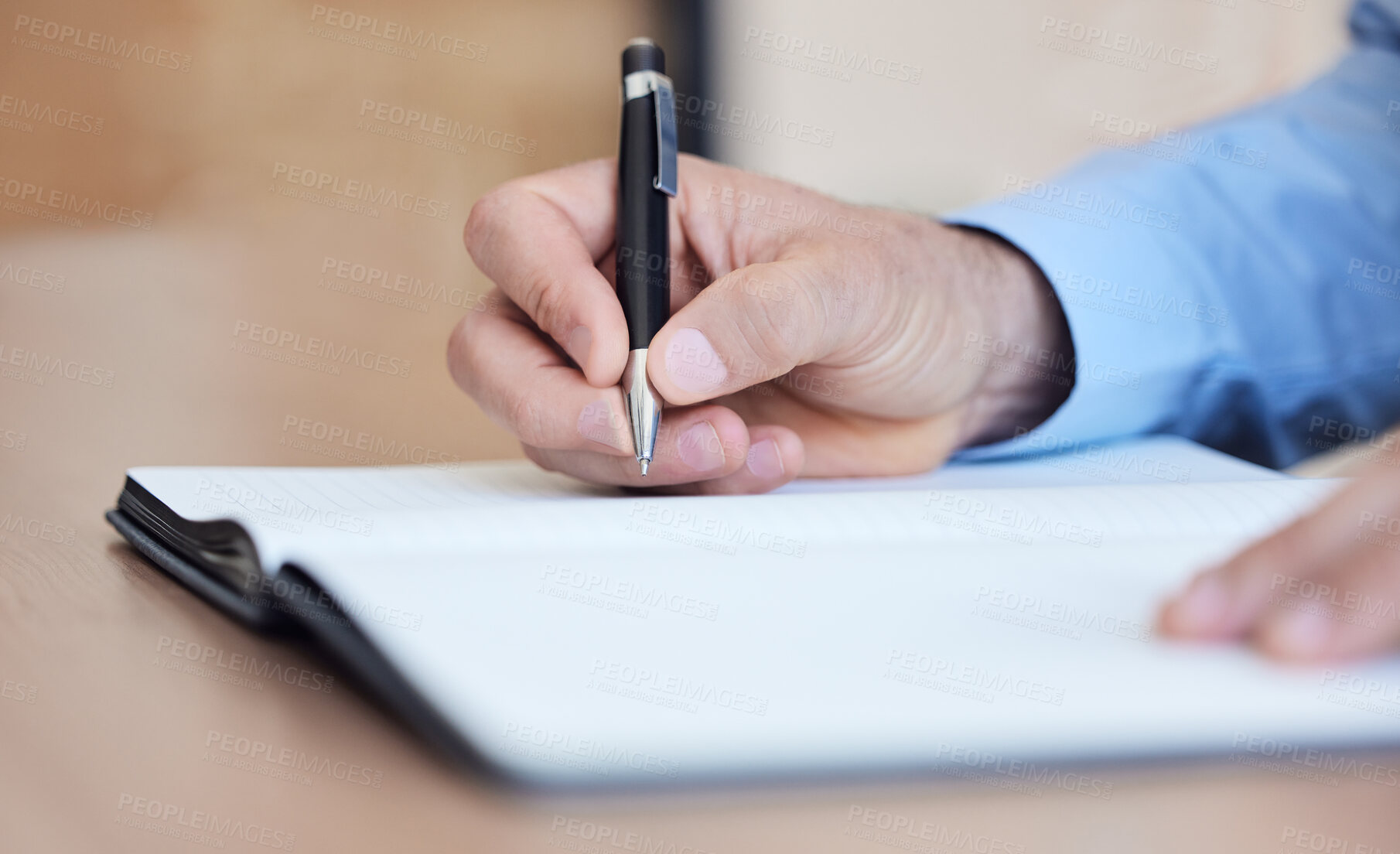 Buy stock photo Businessman, hands and book for writing at desk, planning and notes on ideas for company growth. Male person, journal and diary for research on opportunity, brainstorming and notebook in workplace