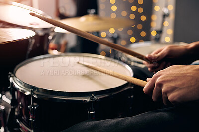 Buy stock photo Cropped shot of an unrecognizable man playing the drums