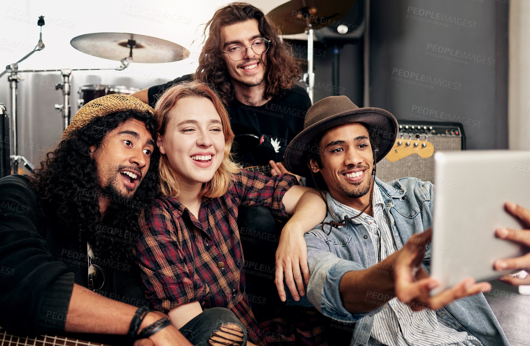 Buy stock photo Band, selfie and tablet with friends in music studio together for memory or social media photograph. App, creative or technology with happy man and woman group smiling for profile picture update