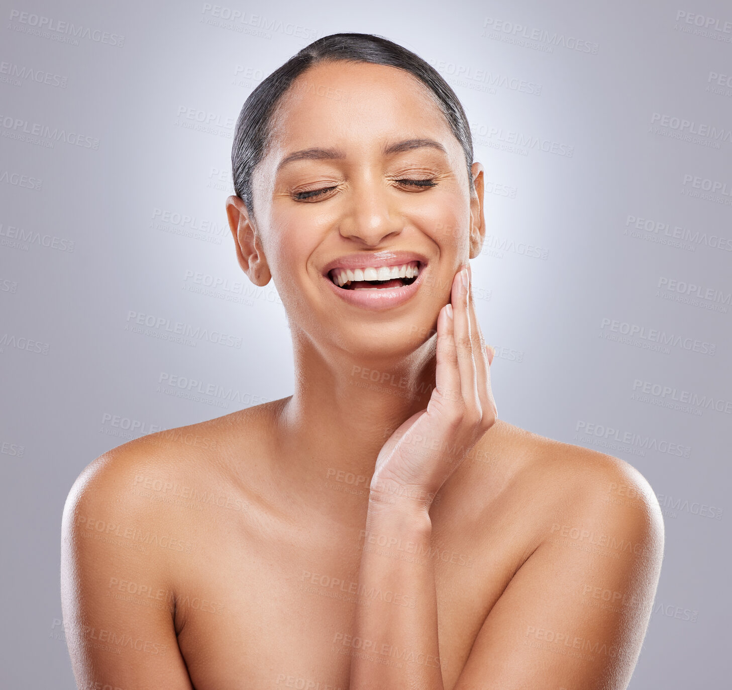 Buy stock photo Happy, skincare and woman with confidence in studio for spa treatment, cosmetics and self care. Female person, eyes closed and smile with pride for dermatology, glow and shine on gray background