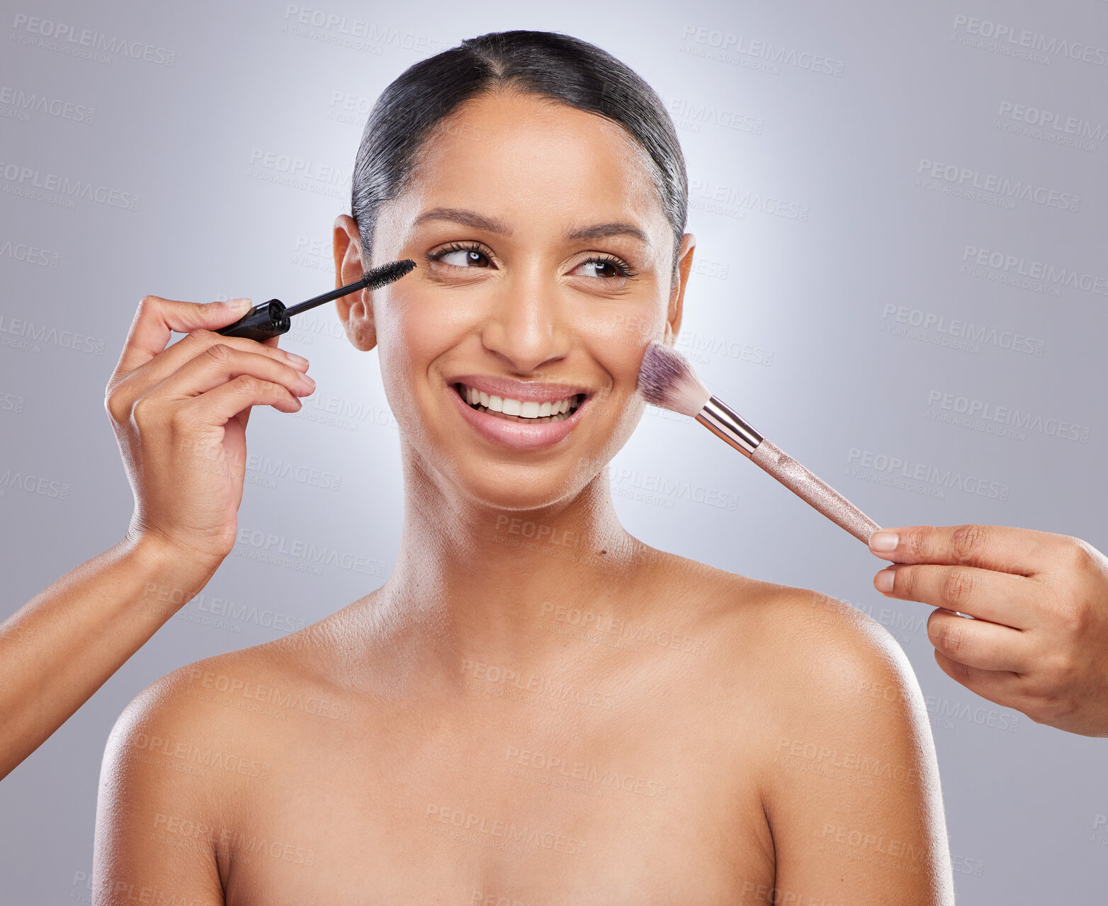 Buy stock photo Woman, makeup brush and studio for beauty, hands and skincare on gray background. Cosmetology, face and cosmetic for glow or facial treatment, tool or foundation for application or contour powder