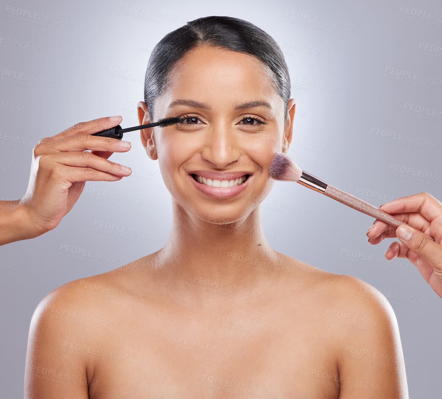 Buy stock photo Woman, makeup brush and studio for beauty, hands and cosmetics on gray background. Cosmetology, portrait and mascara for facial treatment, tools and foundation for application or contour powder