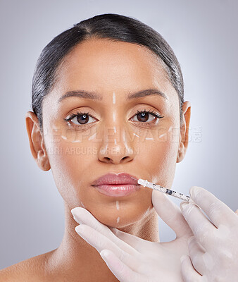 Buy stock photo Lip filler, aesthetics and portrait of woman and injection for plastic surgery, dermatology and beauty. Pattern, botox and medical with model and syringe on grey background for collagen and cosmetics