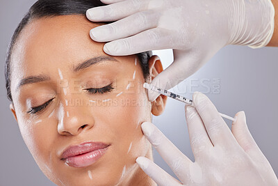 Buy stock photo Plastic surgery, aesthetics and botox with woman and injection for surgery, dermatology and beauty. Pattern, filler and medical with model and syringe on grey background for collagen and cosmetics