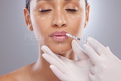 Buy stock photo Plastic surgery, aesthetic and lip filler with woman and injection for botox, dermatology and beauty. Pattern, change and medical with model and syringe on grey background for collagen and cosmetics