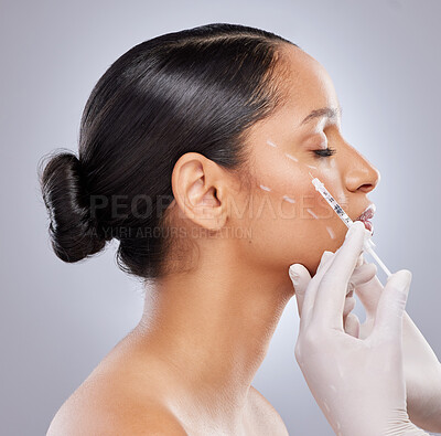 Buy stock photo Profile, filler and botox with woman and injection for plastic surgery, dermatology and beauty. Pattern, aesthetic and medical with model and syringe on grey background for collagen and cosmetics