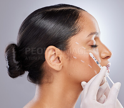Buy stock photo Face, filler and injection with woman in studio for plastic surgery, dermatology and beauty. Pattern, aesthetic and medical with model and syringe on grey background for collagen and cosmetics