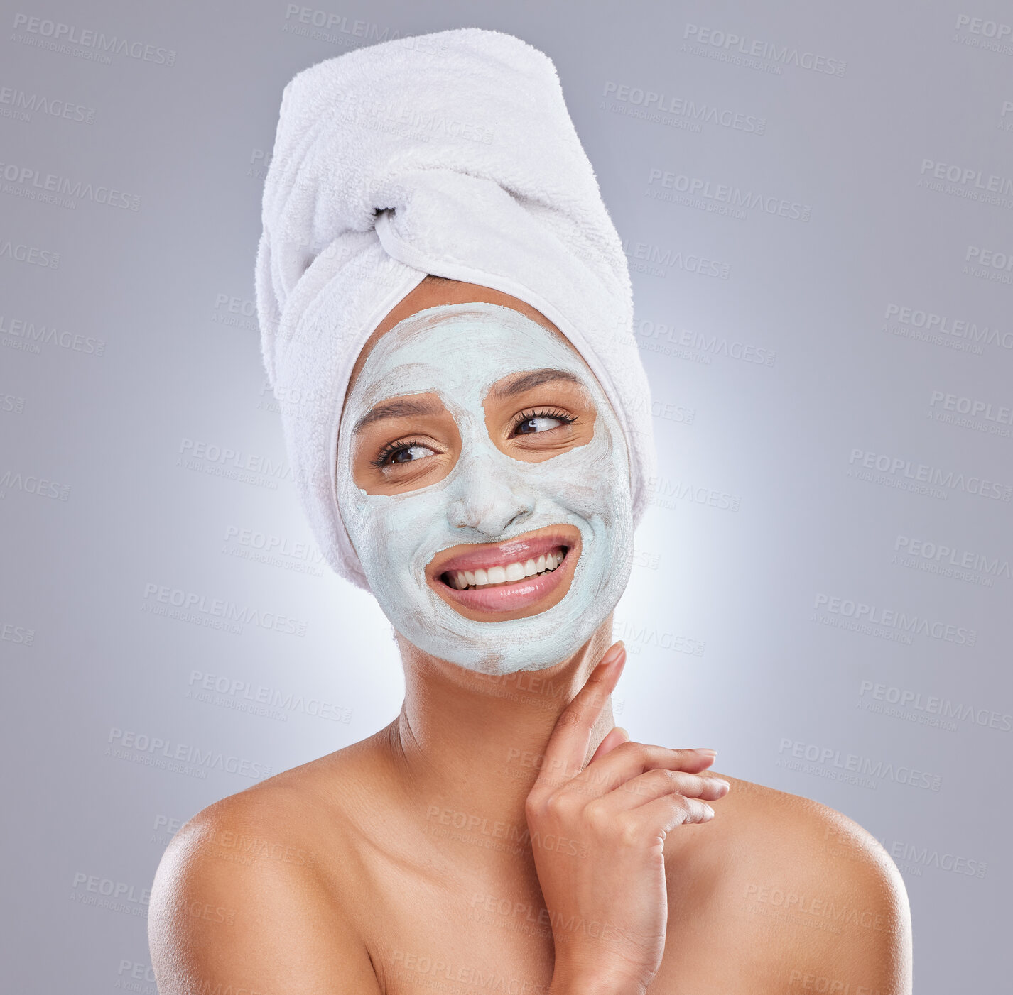 Buy stock photo Studio, woman and face mask for skincare, cosmetic and facial treatment on white background. Beauty, towel or smile for female person, cream and dermatology for detox and anti aging exfoliate product