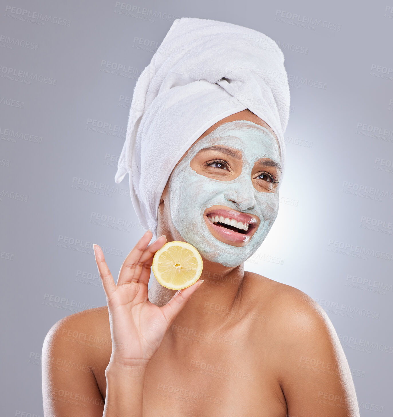 Buy stock photo Lemon, woman and face mask for skincare, cosmetic and facial treatment on white background. Beauty, natural or portrait for female person, citrus and dermatology for detox and exfoliate product
