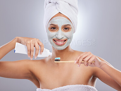 Buy stock photo Woman, face mask and toothbrush for hygiene, cosmetics and skincare on white background. Cleaning, portrait and toothpaste with product for female person, studio or towel for grooming and dermatology