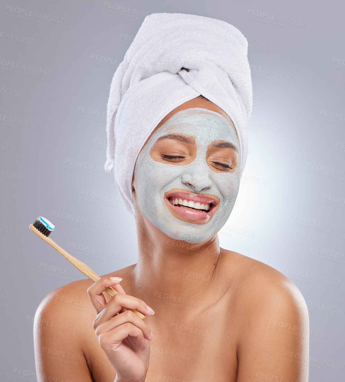 Buy stock photo Woman, face mask and toothbrush for hygiene, cosmetics and skincare on white background. Cleaning, dental and toothpaste with product for female person, studio and towel for grooming and dermatology