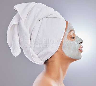 Buy stock photo Studio, woman and face mask for skincare, profile and facial treatment on white background. Beauty, towel and cosmetics for female person, dermatology and detox for anti aging or exfoliate product