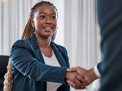 Buy stock photo Business woman, handshake and agreement for partnership in office for collaboration, promotion or welcome. Black female entrepreneur and employee shaking hands for interview, greeting or b2b deal