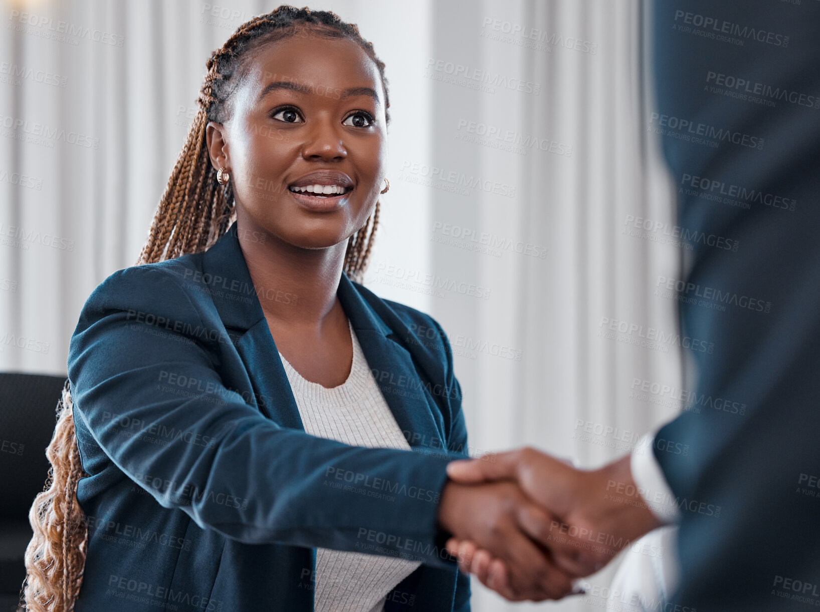 Buy stock photo Business woman, handshake and agreement for partnership in office for collaboration, promotion or welcome. Black female entrepreneur and employee shaking hands for interview, greeting or b2b deal