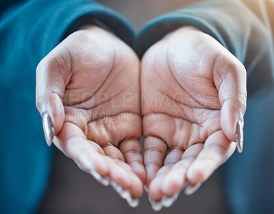 Buy stock photo Poverty, woman and hands to care for offer with help, charity and support from community by donations for hope. Poor, person and palms with asking gesture, thank you and prayer, gratitude and faith